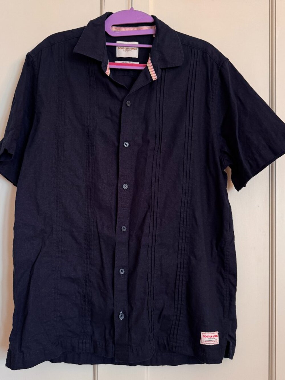 Scotch & Soda Mens Linen Blend Woven Button Up Short Sleeve Blue Size Medium